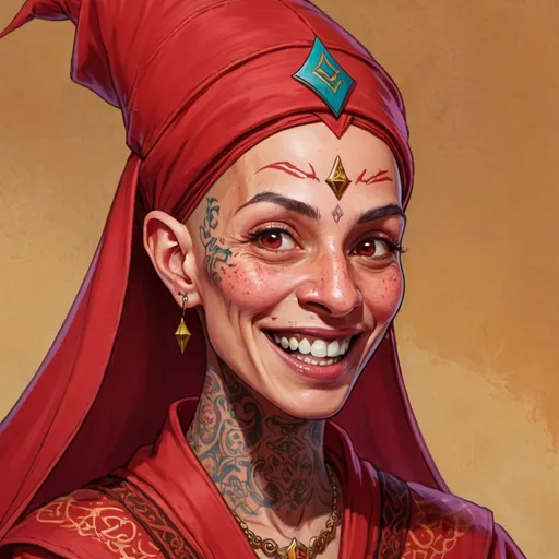 Prompt: Detailed portrait of a Red Wizard of Thay. She is human, with Arabic features, a shaved and tattooed head, and an amused expression.