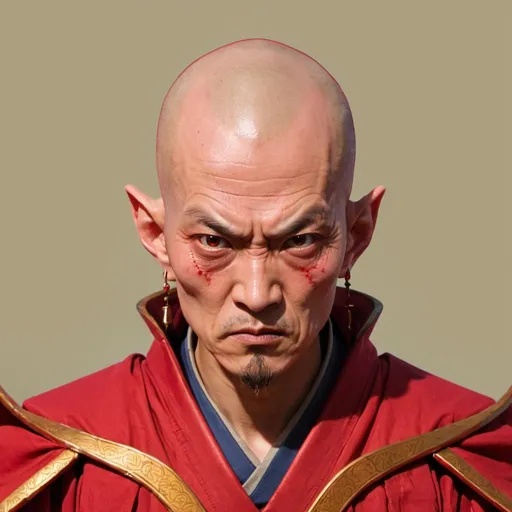 Prompt: Detailed portrait of a Red Wizard of Thay. He has Japanese features, a shaved head, and an angry expression.