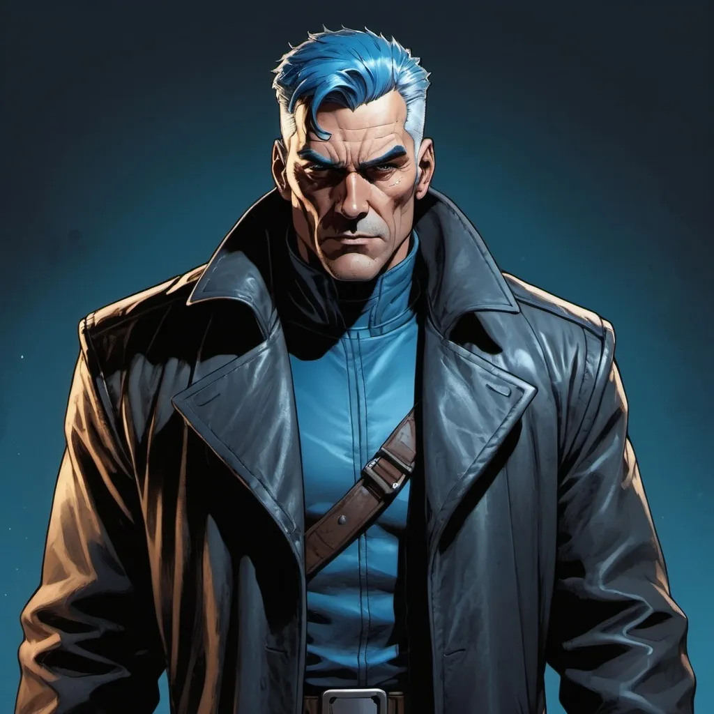 Prompt: Full-body portrait of a space opera detective wearing a leather duster coat. He is broad and muscular, in his mid-forties, with blue hair and a square jaw. Marvel comics art style.