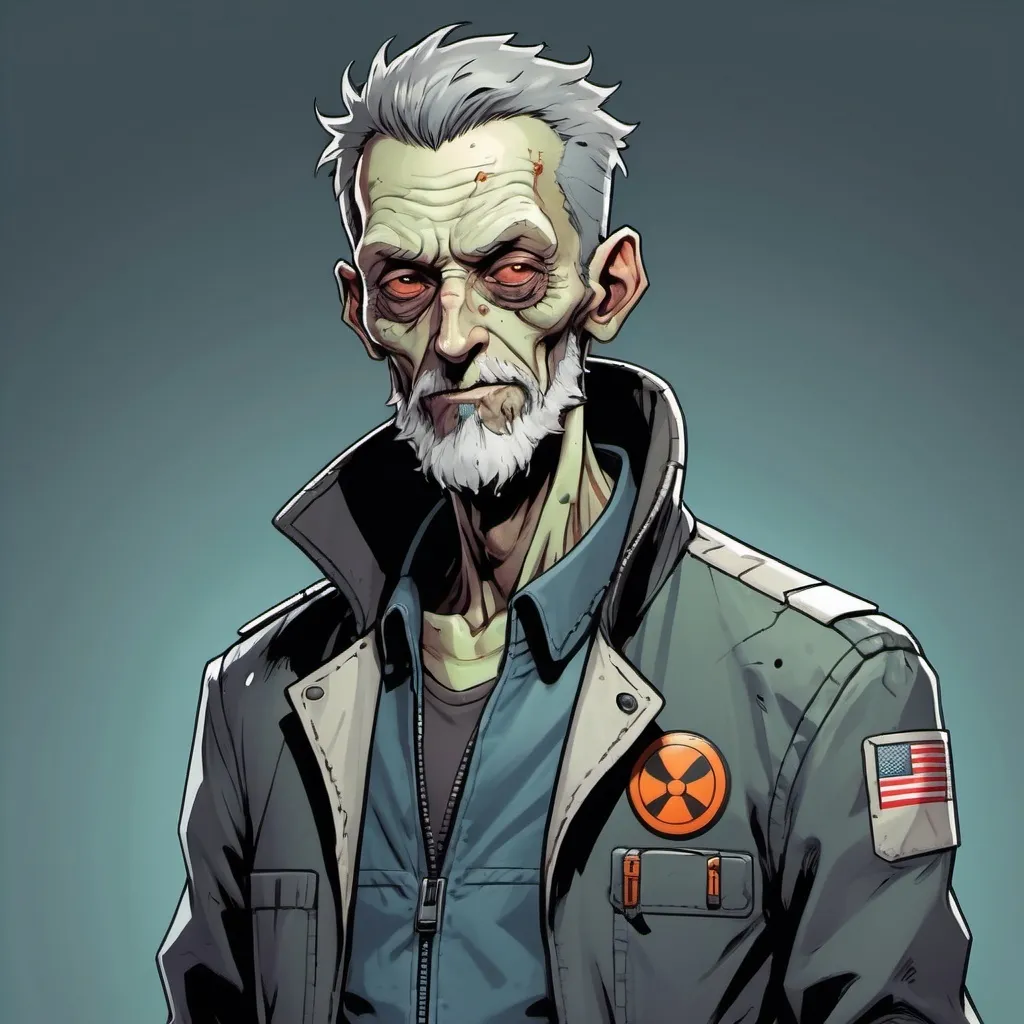 Prompt: Full body portrait of a cyberpunk zombie mystic. He looks like a skinny old man with grey skin and a pointy chin, a whispy beard and a friendly smile, wearing a flight suit. Marvel Comics art style.