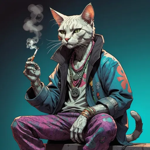 Prompt: Full-body portrait of a humanoid cat in a cyberpunk setting, smoking a joint. He is dressed like a hippy, with long flowing clothes. Marvel Comics art style.