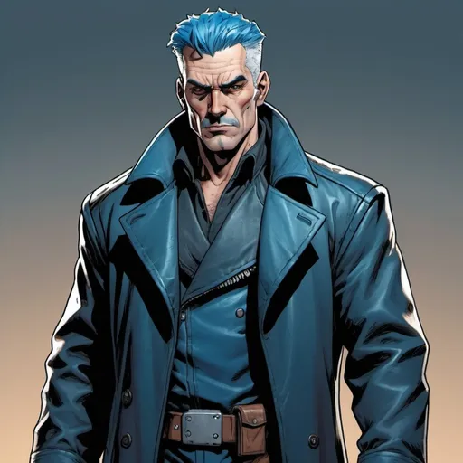 Prompt: Full-body portrait of a space opera private detective wearing a leather duster coat. He is broad and muscular, in his mid-forties, with blue hair and a square jaw. Marvel comics art style.