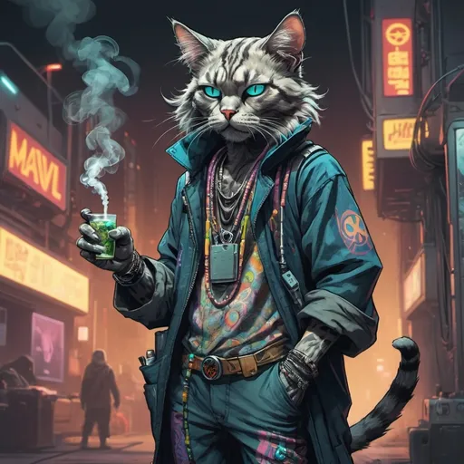 Prompt: Full-body portrait of a humanoid cat in a cyberpunk setting. He is dressed like a hippy, with long flowing clothes and smokes a joint. Marvel Comics art style.