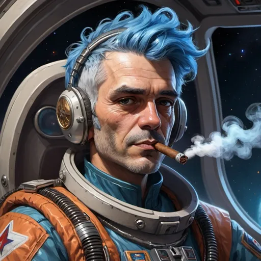 Prompt: Mid-body portrait of a space opera pilot. He has a blue hair and smokes a cigar. Hightly detailed character art.