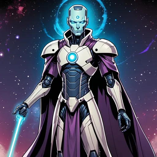 Prompt: Full-body portrait of a space opera android. It is humanoid but has no face. It wears a mystic robe and holds a staff. Marvel Comics art style.