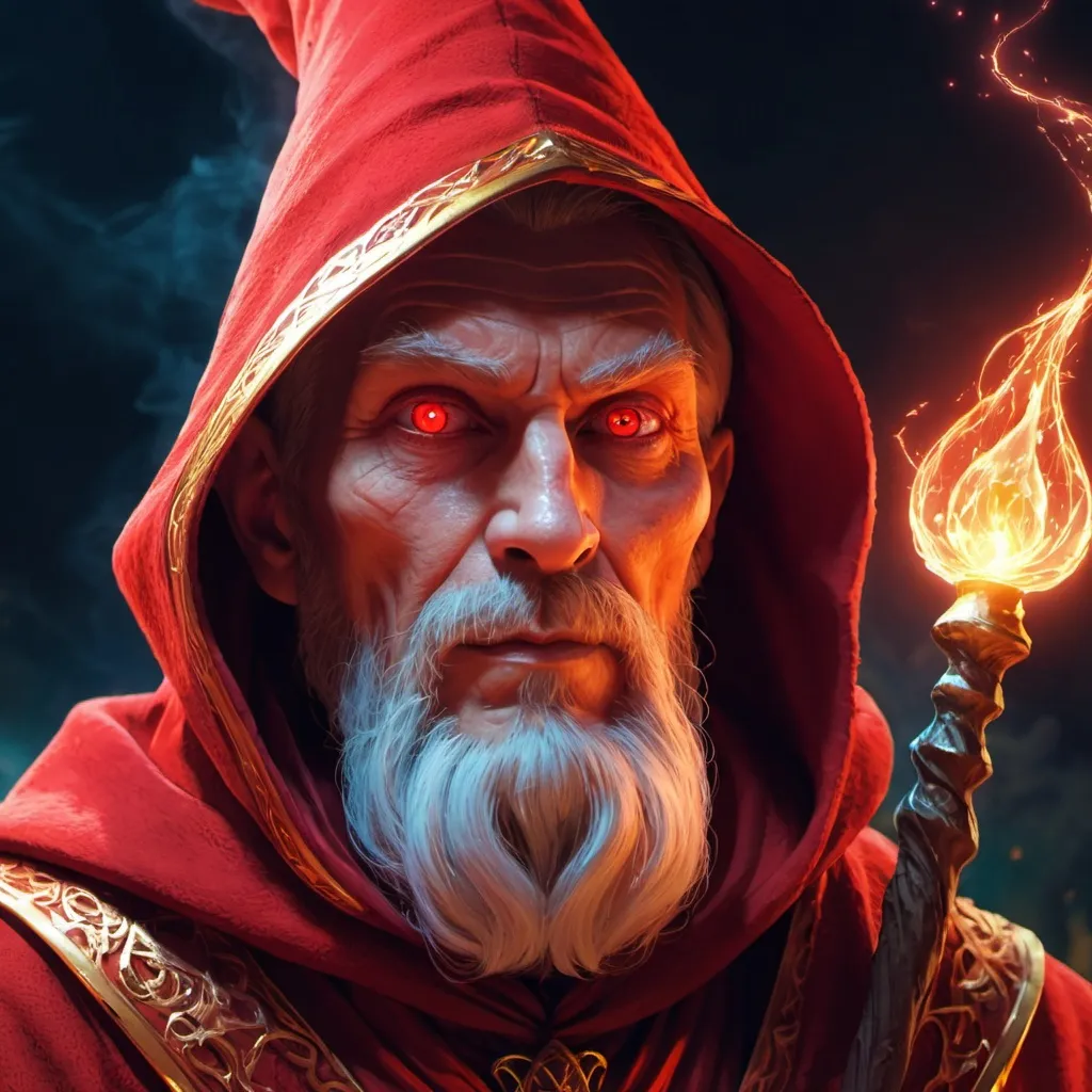 Prompt: Detailed portrait of a Red Wizard of Thay. He is human, with a sinister expression and mystical light glowing from his eyes. Character illustration, 8k.