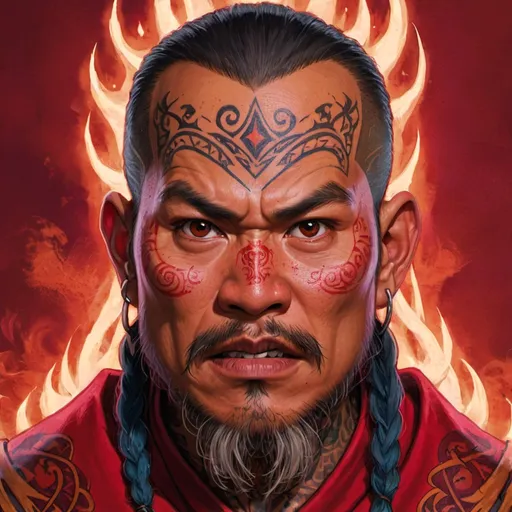 Prompt: Detailed portrait of a Red Wizard of Thay. He is human, with Pacific Islander features, mystical tattoos on his cheeks, and a furious expression.