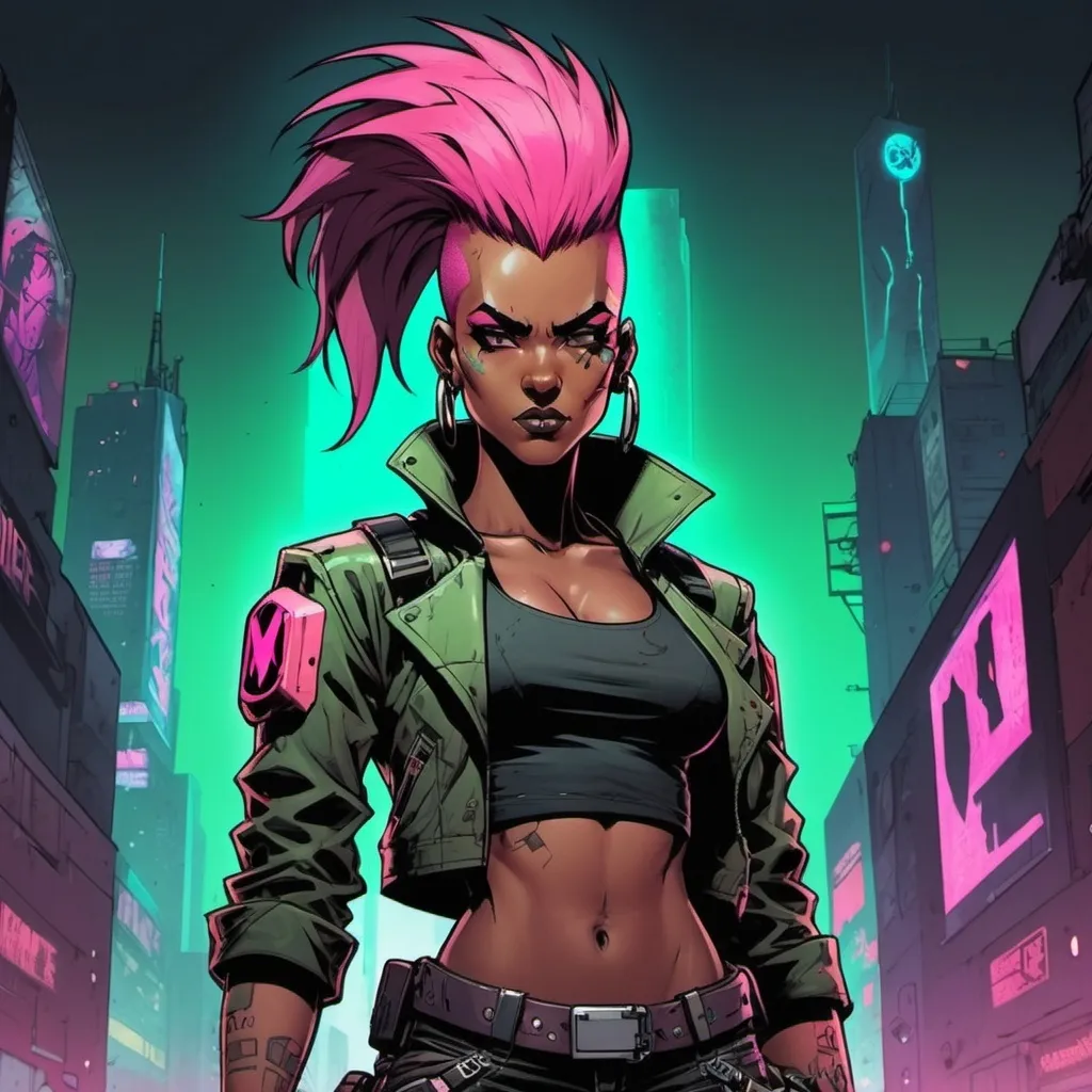 Prompt: Full-body portrait of a cyberpunk gunslinger. She is lithe and muscular, in her early twenties, with black skin and a pink and green mohawk hairstyle. Marvel comics art style.