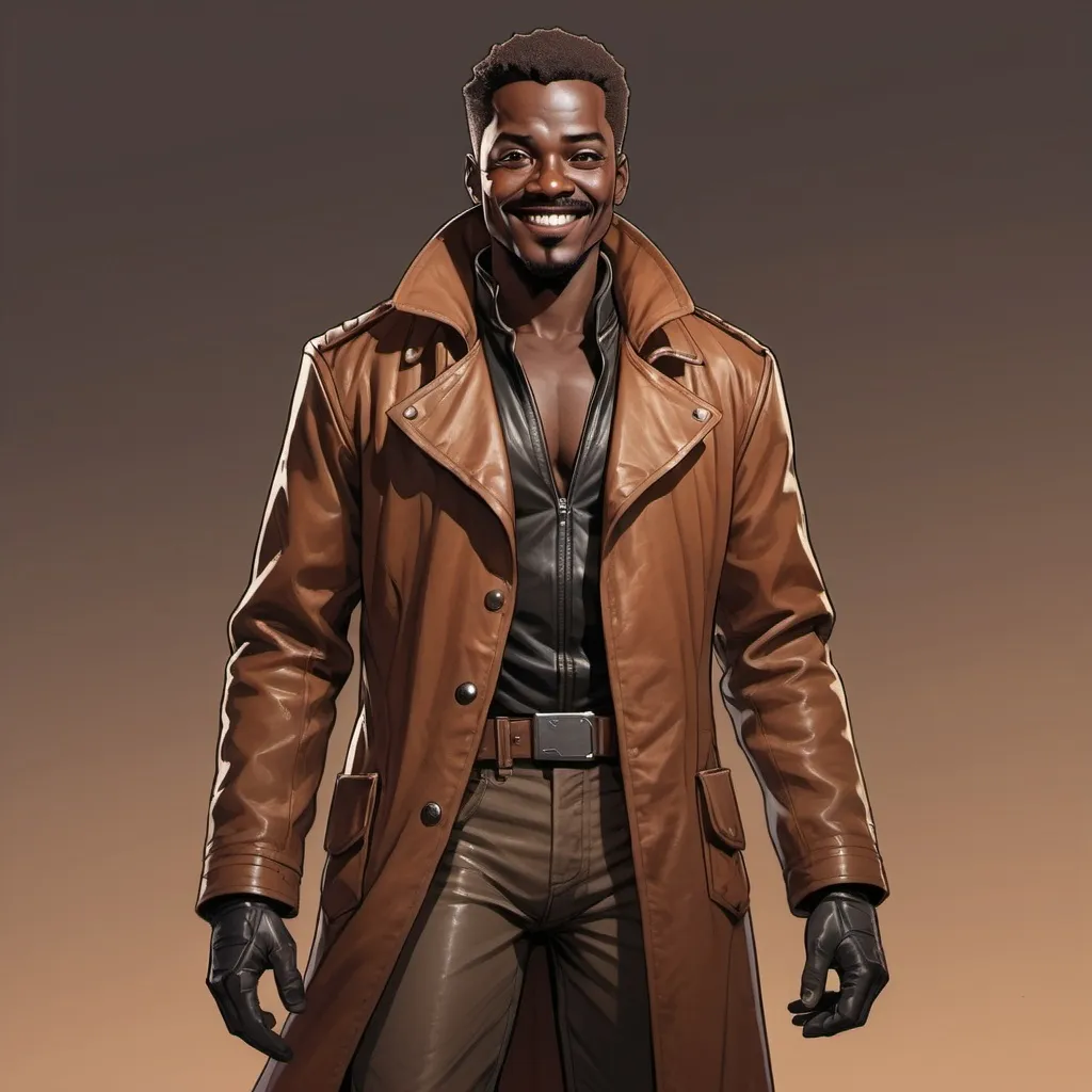 Prompt: Full-body portrait of a space opera conman. He wears a brown leather duster coat, has black skin, and a charming smile. Marvel Comics art style.