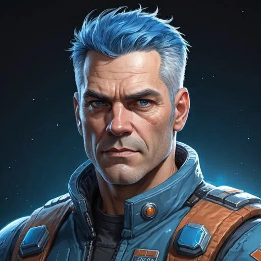 Prompt: Mid-body portrait of a space opera pilot. He is broad and muscular, in his mid-forties, with blue hair and a square jaw. Hightly detailed character art.