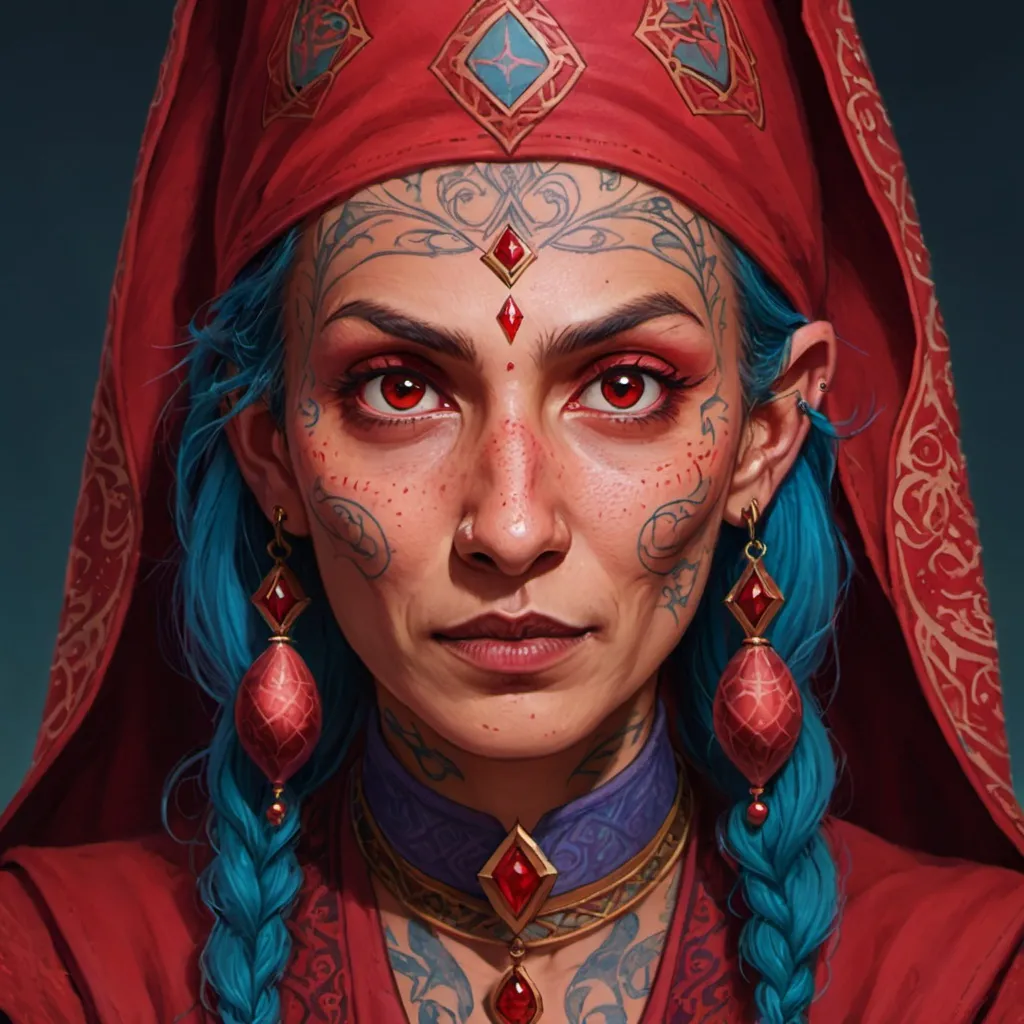 Prompt: Detailed portrait of a Red Wizard of Thay. She is human, with Arabic features, mystical tattoos on her cheeks, and a bored expression.