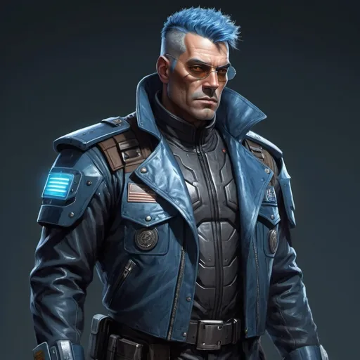 Prompt: Full-body portrait of a space opera cop wearing an armored leather duster coat. He is broad and muscular, in his mid-forties, with blue hair and a square jaw. Highly detailed character art.