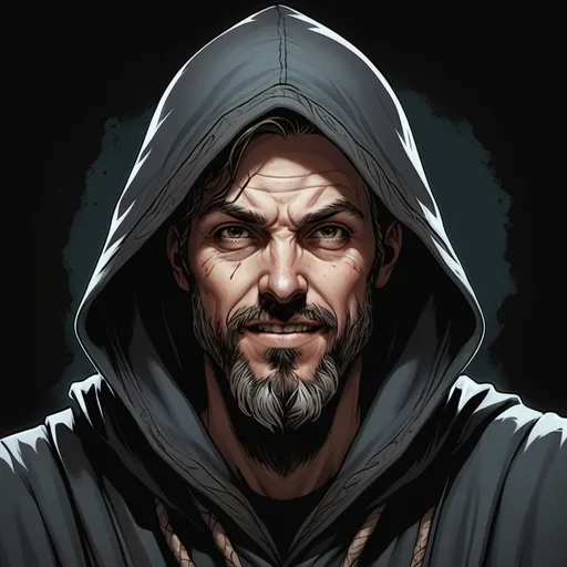 Prompt: Mid-body portrait of a hooded cultist. He wears threadbare, patched robes. He has a goatee beard and a nervous smile. Highly detailed character portrait. Marvel Comics art style.