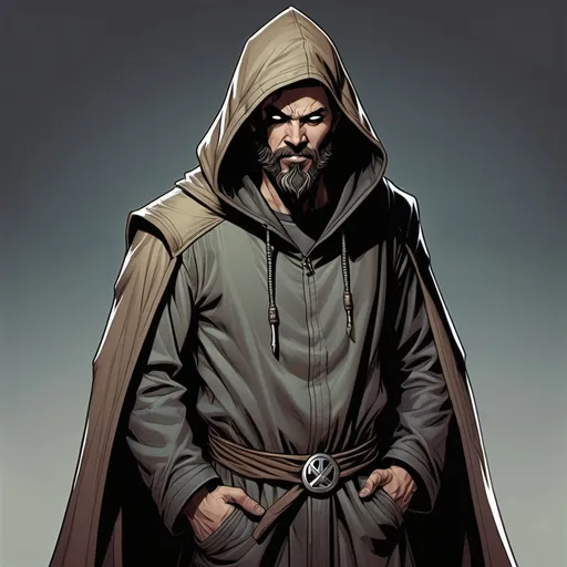 Prompt: Full-body portrait of a hooded cultist. He wears threadbare, patched robes. He has a goatee beard and a nervous smile. Highly detailed character portrait. Marvel Comics art style.