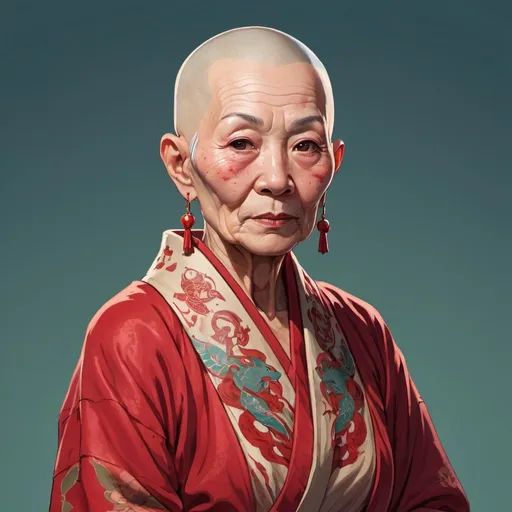 Prompt: Detailed mid-body portrait of an elderly mystic. She has Asian features, pale white skin, and a shaved tattooed head. She wears a red robe. Highly detailed character illustration.