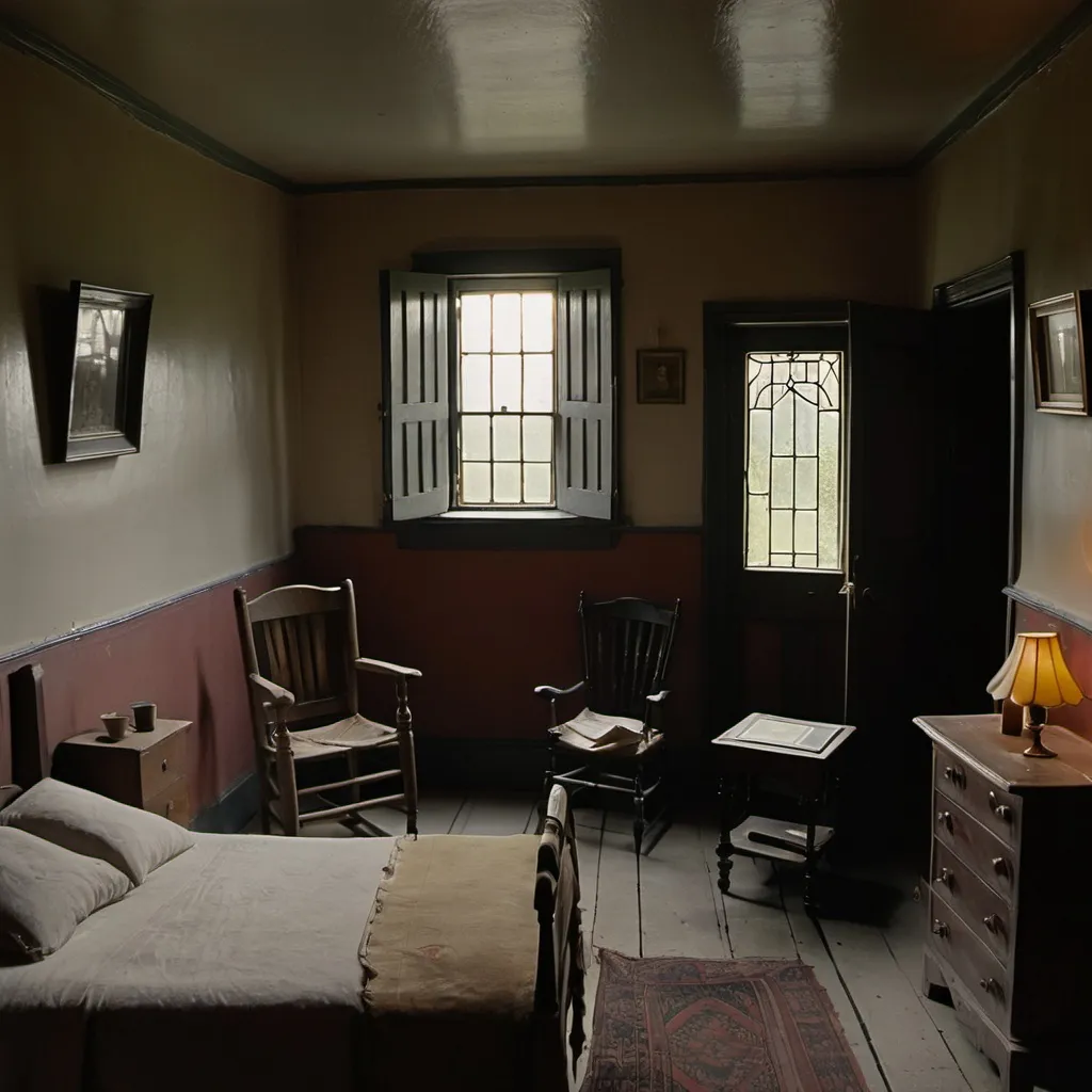 Prompt: there is a narrow window on the left. through its leaded panes the morning sunlight streams. a candle still burns near the bed which is at the right. a chest, a chair, and a small table are on the other furnishings. at the back a door opens on the landing of the stairway to the ground floor. the room gives off an air of clean spareness. the roof rafters are exposed and the wood colors are raw and unmellowed
