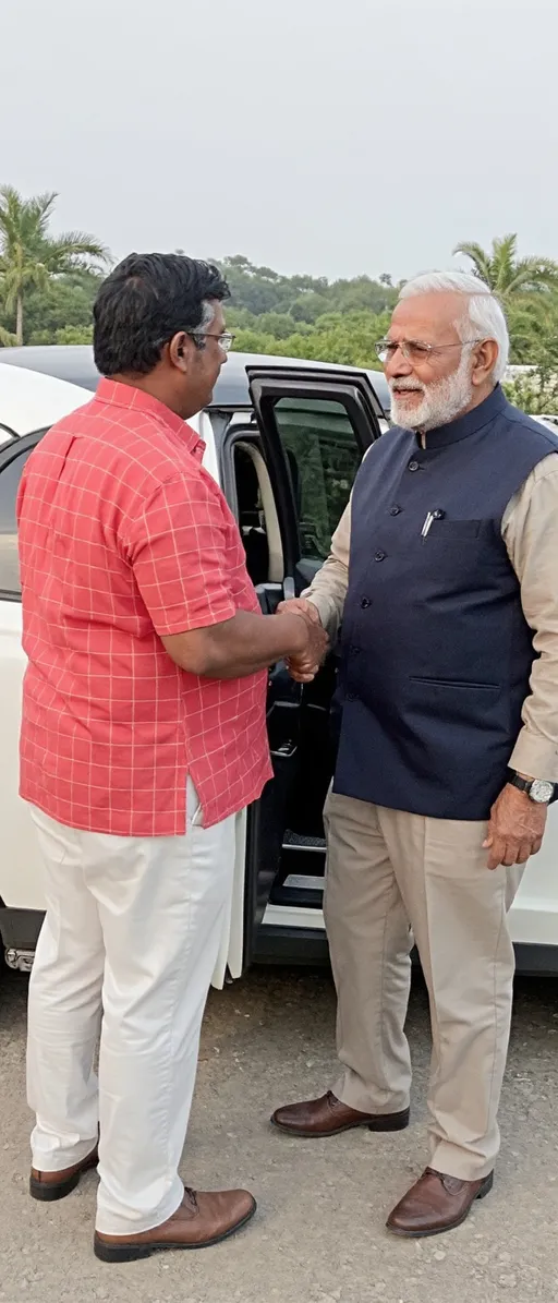 Prompt: A man stands up confidently, from behind a luxurious Rolls-Royce glides to a smooth stop. The rear door opens, and Indian Priminister Narendra modi steps out. He walks towards the man and warmly shakes his hand. After the handshake, they engage in a brief respectful conversation.