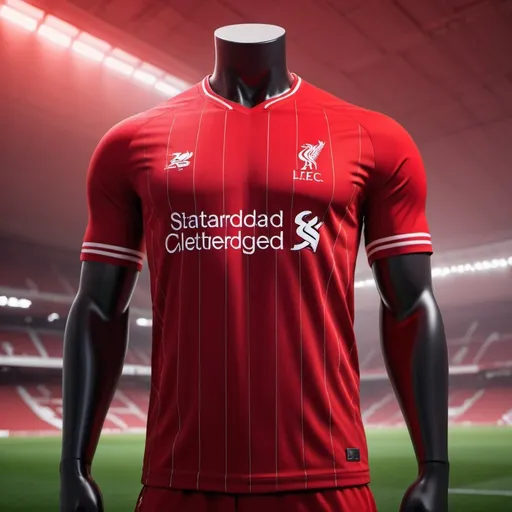 Prompt: Liverpool 2025 kit, soccer jersey, futuristic design, high-tech fabric, vibrant red and bold accents, dynamic lighting, professional sports apparel, sleek and modern, iconic emblems, detailed stitching, ultra-detailed, highres, futuristic, dynamic lighting, athletic, professional, vibrant red