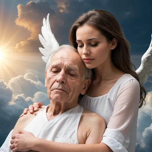 Prompt: A beautiful woman holds a dead old man in heaven