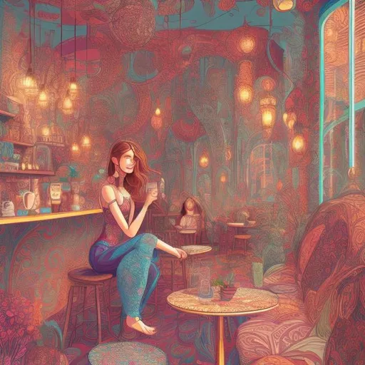 Prompt: Detailed digital illustration of a stylish woman at a coffee shop, vibrant and colorful, whimsical and dreamy, intricate patterns on the walls, cozy and inviting atmosphere, warm and soft lighting, best quality, highres, ultra-detailed, digital art, whimsical, vibrant colors, stylish woman, cozy atmosphere, intricate patterns, warm lighting