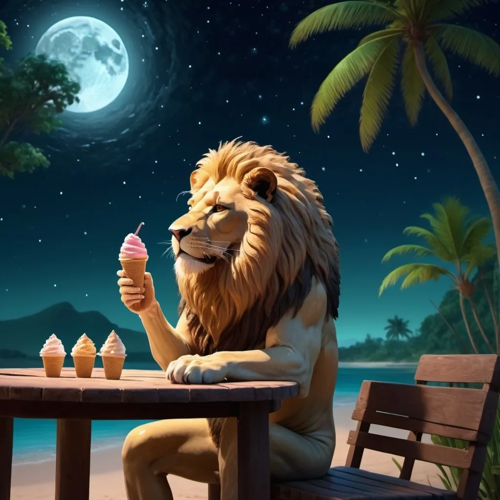 Prompt: (nightly scene) (a lion) (a man) enjoying ice cream, serene environment with glistening stars, tropical landscape in the background, moonlight casting soft shadows, refreshing colors, warm hues enhancing the joy of the moment, whimsical atmosphere, charming interaction, ultra-detailed, high-quality 4K, delightful and imaginative setting.