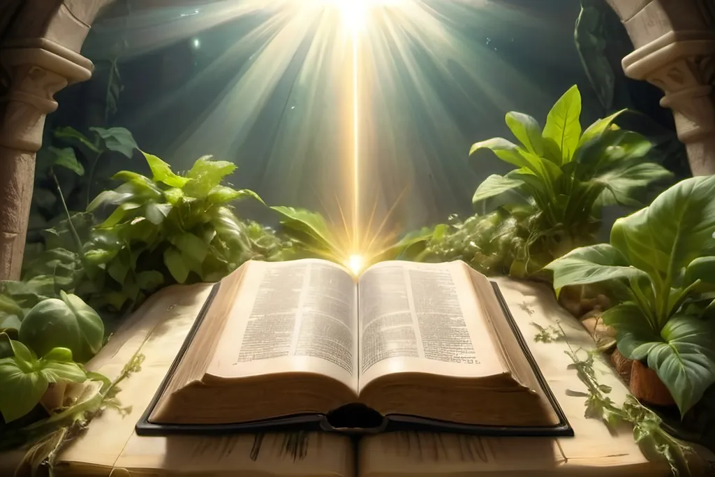 Prompt: The bible openned in center of the image, with god rays, sun lights, making the bible really epic, with some livid green eviroment, plants, no green in the bible, the bible me be flying in the middle of the screen

