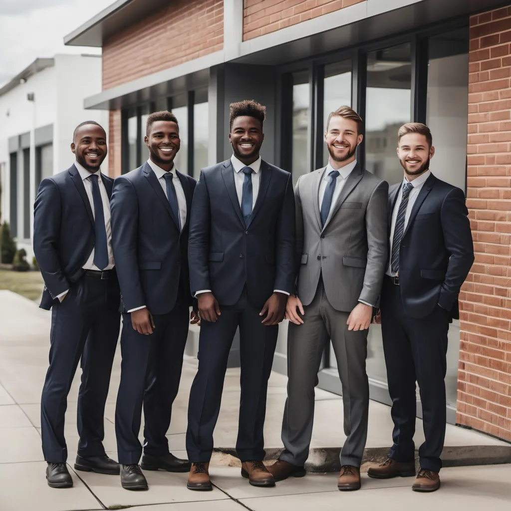 Prompt: A team of workers in front of a small building smiling. There are 5 of them. They work an office job and are wearing buisness suits