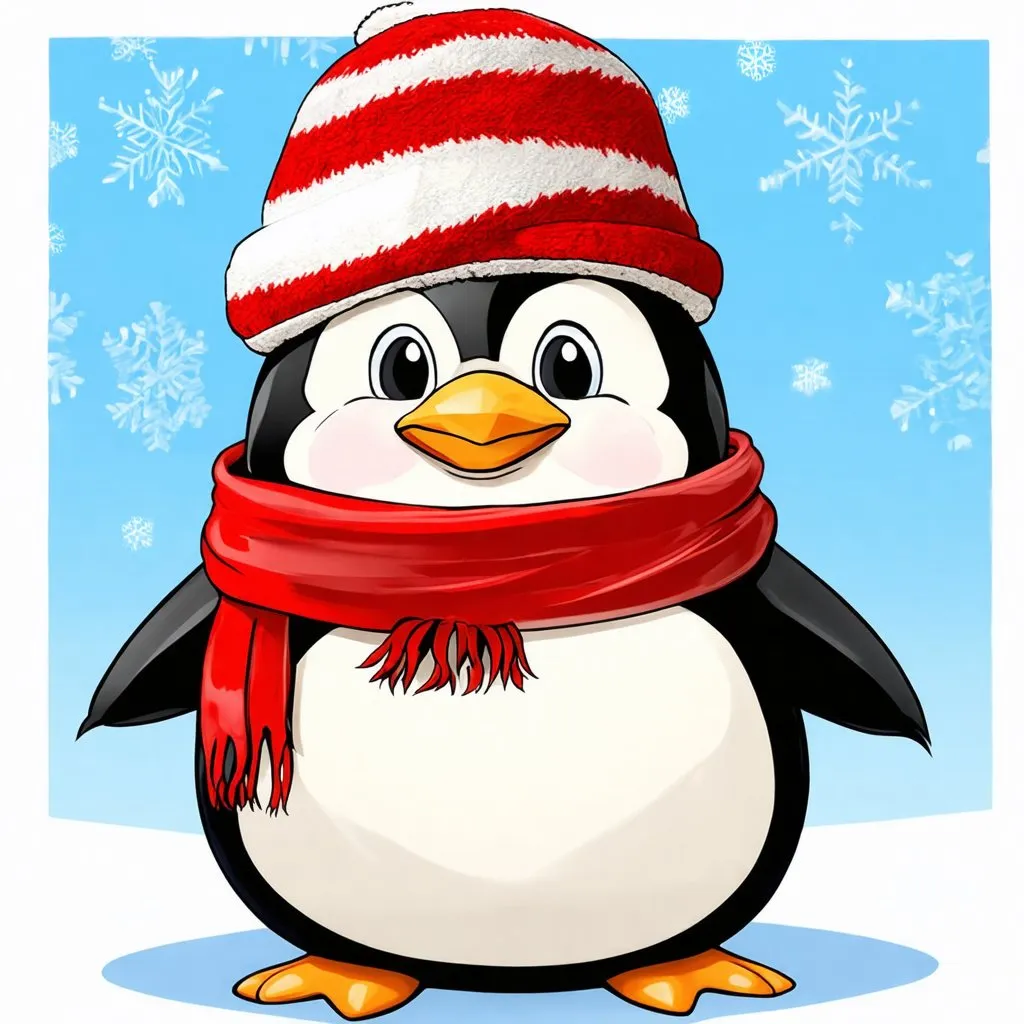 Prompt: caricatura de un pinguino con gorro y bufanda