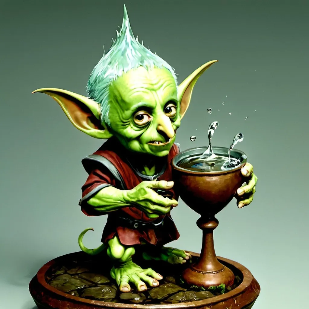 Prompt: Pompous goblin looking up at a goblet of water.