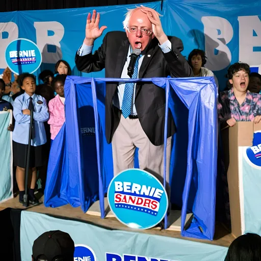 Prompt: The image shows Bernie Sanders speaking at a campaign event. He is standing at a podium and is surrounded by a large crowd of people, all of whom are holding blue signs with the word "Bernie" written on them. Sanders is wearing a suit and tie and appears to be gesturing with his hands as he speaks. The crowd is made up of both men and women, and they are all looking up at Sanders with excitement and anticipation. The background is dark, suggesting that the event is taking place at night.




