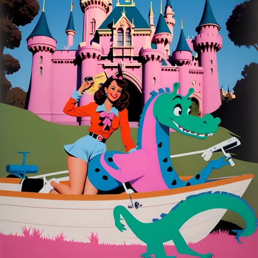 Prompt: A travel poster of Disneyland, the text "Heinriche" is written in bold letters at the top center, with large title words saying "United Airlines to Disneyland," an alligator and giraffe on board the air flight from Los Angeles to Disneyland, children playing inside a white boat ride near a castle, a green, grassy landscape, bright colors, a vintage style, no people or characters, a cartoon art style, colorful details and decor, no human figures, no faces.