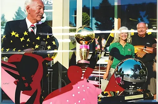 Prompt: photograph, reflection of a trophy case with a large golden trophy, three people in the reflection, man in a suit with a striped tie, woman in a pink top and black shorts, woman in a green and red outfit holding a cup, glass display case, American flag in the background, sunlight, shiny black car hood in the foreground, realistic, daytime, outdoor setting, people looking at the trophy, mid-20th century style, vibrant colors, clear glass, shiny surfaces, reflections, shadows, trophy plaque with text, man with white hair, woman with curly hair, casual attire, festive atmosphere, celebratory mood, trophy cup with a handle, reflection art style, depth of field