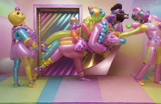 Prompt: a group of people dressed in brightly colored costumes, inspired by Jeff Koons, funk art, epic 3 d omolu, close up details, baloons, still from a music video, curiosities carnival, pastel colourful 3 d, beads, animals, carlos samuel araya, trailer, junk, 🦑 design, breath taking, fluo details