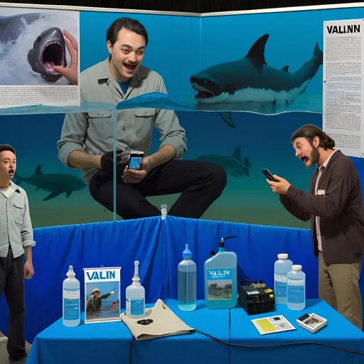 Prompt: A photo of a man standing in front of an event booth with the text "Valln" on it. Two large posters behind him show water treatment solutions and equipment. He is holding up his phone, speaking animatedly into the earpiece, as if discussing something. There are also some small hand-mixed vials sitting next to the table