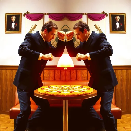 Prompt: a perfectly symmetrical photo of a man and woman are fighting in a godfather's pizza in 1992, repetition, symmetrical, patterns, 90s vibe