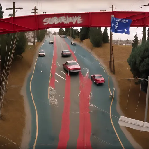 Prompt: An overpass in the suburbs, a red painted metal bridge with blue flags on it. An X-shaped sign is seen at the bottom left corner of the frame. In the background there are trees and power lines in a city setting. A video still photo taken from a distance with motion blur, in the style of suburbanites.