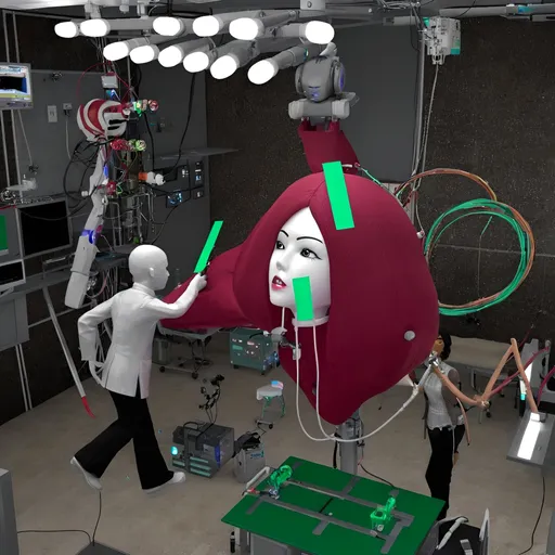 Prompt: A large, colorful plastic doll head is suspended in the air above an operating table, with many wires and robotic arms connected to it from below. In front of it stands a machine that has several LED lights on its body, surrounded by various electronic equipment such as monitors and computers. The room's walls have white plastered panels, and there are also some red tables scattered around. There are other mechanical devices around the area, adding to the futuristic atmosphere.