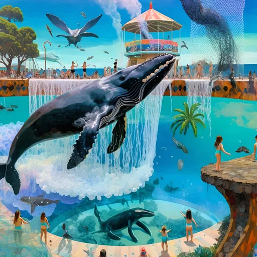 Prompt: A surreal painting of an amusement park with a humpback whale, people in swimsuits on the top and bottom sides jumping into water from cliffs above the sea level filled with giant crabs, cranes, a huge empty swimming pool surrounded by greenery, and children's playgrounds made of fishnet and colorful, holographic glass walls covered with white pebbles and plastic film. The style is vibrant and detailed, reminiscent of contemporary digital art techniques like fractal glitch or fantasy realism.