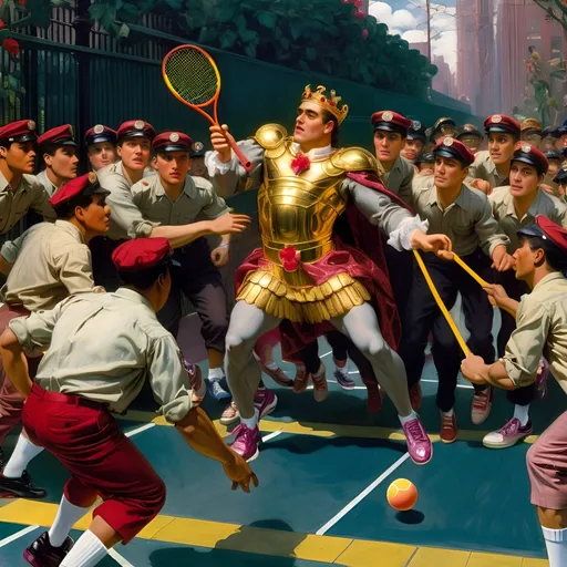 Prompt:  A group of male playground workers in grey long sleeve shirts and khaki pants play tennis on the school's blacktop court. They each have their own colored rictor w chicago stumpy sports shoes with orange laces, holding two wood noodles that they use to hit balls between them. The lines drawn from one end line down middle of centerline is yellow color for ballinesight title "The Line" text overlay on top of photo