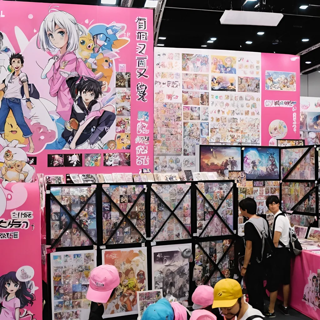 Prompt: A photo of an anime convention booth with art and stickers for sale, people in the background shopping at various stalls. The atmosphere is lively as kids interact with their favorite characters on display walls, showcasing the diversity of pop culture and animation elements. In front of one wall, there's someone wearing a pink shirt holding a panel covered in anime character prints, while the rest wear black jackets or white T-shirts. There's a lot to look through and buy, and it feels like being part of something big. 