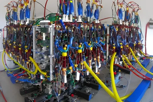 Prompt: photograph of a complex robotic system, colorful components, various tubes and wires, blue, red, yellow, green, black, wooden frame, multiple motors, sensors, mechanical arms, industrial setting, workshop, natural light, close-up, intricate design, mechanical engineering, detailed, technical, organized chaos, high-tech, modern robotics, technical equipment, machinery, technical setup, multiple motors, industrial environment, cables, wires, mechanical parts, workshop interior, technical complexity, detailed view, mechanical assembly