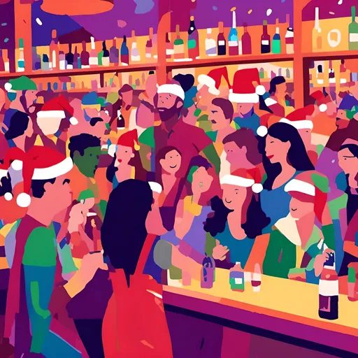 Prompt: <mymodel> The image is an illustration of a group of people in a crowded room. The room appears to be a bar or a restaurant, as there are shelves and a counter visible in the background. The people in the image are dressed in colorful clothing and some are wearing Santa hats. The overall mood of the image is festive and lively. The image is made up of different shades of pink, purple, and orange, creating a vibrant and lively atmosphere.