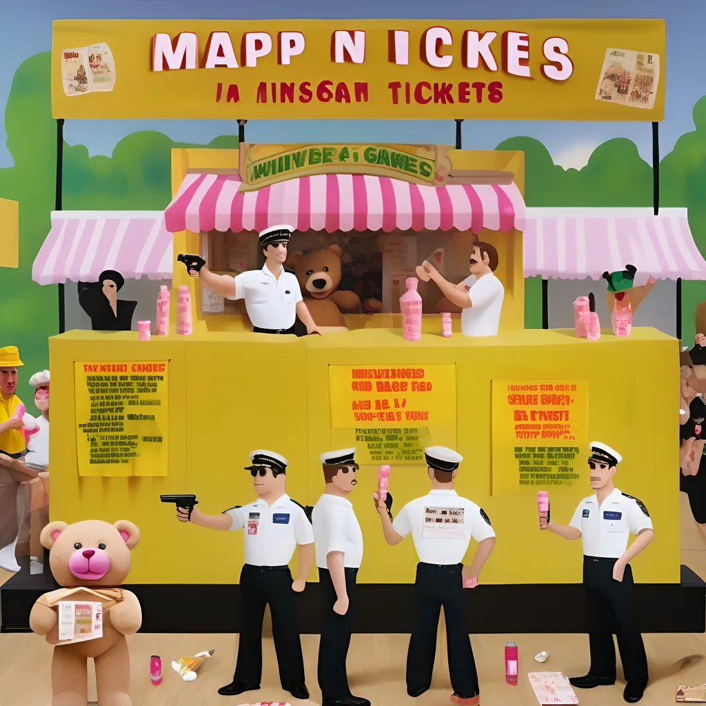 Prompt: wide shot of carnival game where you shoot bottles off with an air pistol, pink teddy bear on the left side, uniformed attractive young men in white shirts and black pants stand behind booth at far end holding large rectangular boxes labeled " map + tickets", small crowd around game, daytime fair setting, green and red awnings, photo by Sony Alpha A7 III