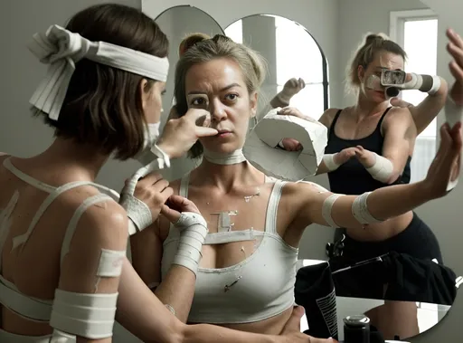 Prompt: a woman taking a picture of herself in the mirror, by Kathleen Scott, reddit, auto-destructive art, bandage on arms, before and after, surface hives, yvonne strahovski, usa-sep 20, jenni pasanen, taken on iphone 14 pro, fire reak real life, sweating, mid 2 0's female