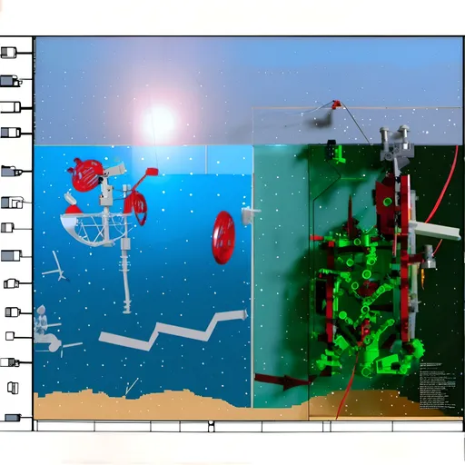 Prompt: photo of a detailed LEGO model of a futuristic robotic satellite or spacecraft, primarily red with black and white accents, set against a solid blue background, the model features intricate lattice structures, two transparent domes with circular designs inside, a black camera-like device on the right, white vertical elements, and a complex framework, the model is highly detailed with precise LEGO pieces, showcasing a combination of mechanical and scientific elements, the red color is vibrant and contrasts sharply with the blue background, the image is well-lit with no shadows, the model is centered in the frame, high quality, studio shot, no watermarks, realistic, no jpeg artifacts