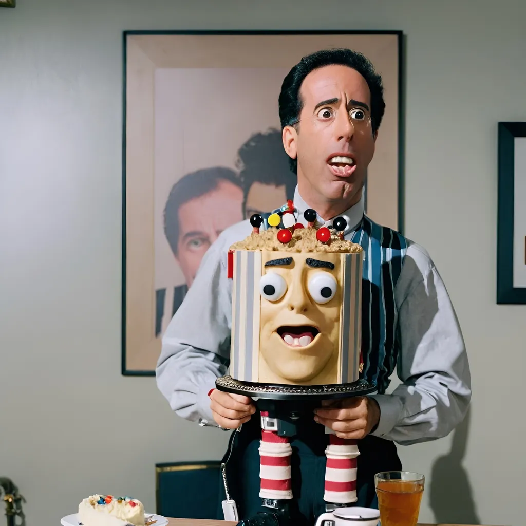 Prompt: This is a CGI image parodying the "Seinfeld" TV show scene. Jerry Seinfeld stands at a dining table, holding a multi-colored striped cake resembling the show's iconic logo. The table is set with food, drinks, and framed pictures on the walls. The characters, including Elaine, George, and Kramer, sit around the table in period-accurate attire, looking confused and amused. The scene is brightly lit, with a mix of serious and humorous expressions.