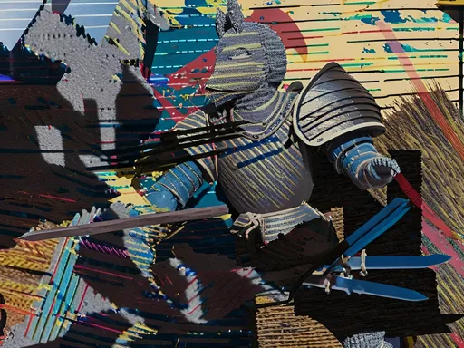 Prompt: photograph of a medieval battle diorama, detailed plastic figures of knights in silver armor with red and blue accents, holding swords and shields, some with red flags, positioned on a hay-covered platform, in front of a yellow stone wall, bright sunlight, clear blue sky, realistic textures, outdoor setting, toy soldiers, dramatic pose, action scene, high contrast, vivid colors, detailed craftsmanship