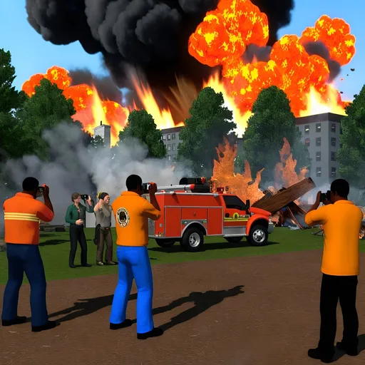 Prompt: The image is a 3D rendering of a cityscape with a large explosion in the background. The explosion appears to be taking place in a city with tall buildings and skyscrapers. The sky is filled with orange and red flames and smoke, and there is a large fire truck on the right side of the image. In the foreground, there are several people gathered around the explosion, some of them are holding up their phones to take pictures or videos. On the left side, there is another person holding a camera, capturing the scene. The scene is chaotic and chaotic, with smoke and explosions filling the air.