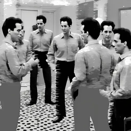 Prompt: The Seinfeld TV show in the style of film monochrome glitch art, with simplified and stylized figures including Peter Pendant from The Simpsons wearing an open shirt showing his chest, holding out hand to coastline 50's sitcom style, a room full of men standing around talking to each other, blurred large circles that look like dots on a screen. There is one woman sitting down at right side of composition, and she looks angry or worried