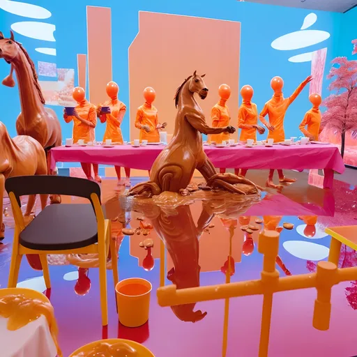 Prompt: A game screenshot of people making giant chocolate-bark animals in an outdoor food factory, in the style of Pixar animation, Unreal Engine, on a solid blue background with trees and a lake. Many small workers are standing around large chocolate sculptures shaped like horses, all made from different types of brown sugar. A black table is covered with yellow pots for painting them. In front, there's another group of people wearing aprons that stand at two tall, predominantly white tables covered with orange-colored glasses full of coffee beans.